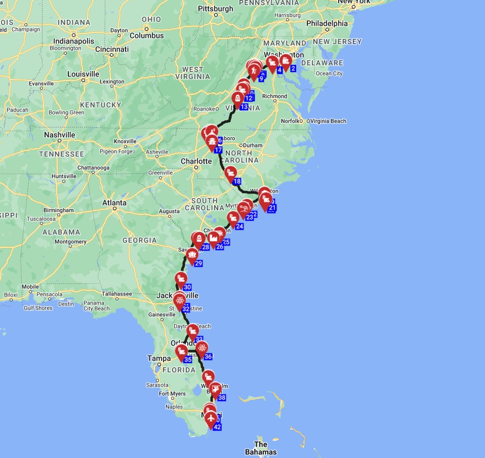 RV trip planner USA motorhome route from Washington DC to Miami